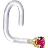 18G 1/4 Yellow Gold 1.5mm Red Cubic Zirconia Bioplast Nose Ring