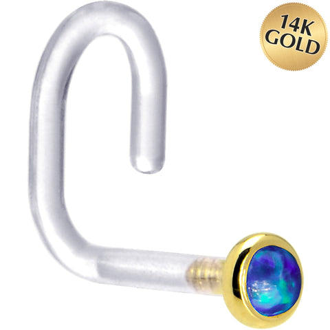 18G 1/4 Yellow Gold 2mm Dark Blue Synthetic Opal Bioplast Nose Ring