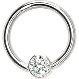 14G 3/8 Solid 14K White Gold Clear CZ Gem BCR Captive Ring