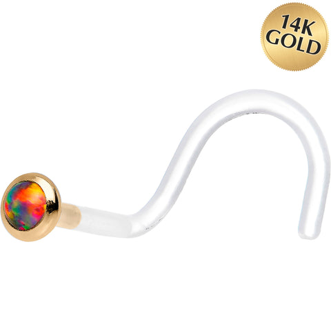 18G Yellow Gold 2mm Fire Red Synthetic Opal Bioplast Nose Ring