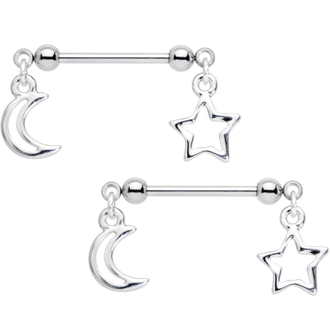 14G 5/8 Handcrafted Moon Star Dangle Barbell Nipple Ring Set