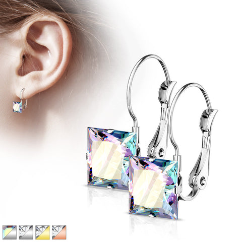 8mm Princess CZ Stainless Steel Leverback Earrings