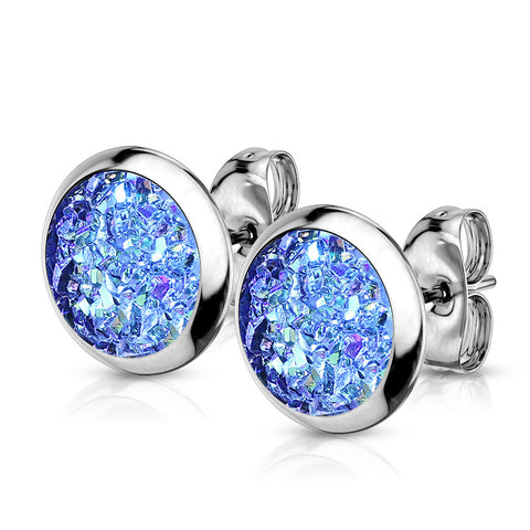 8mm Blue Synthetic Druzy Stone 316L Stainless Steel Stud Earrings