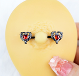 14G 9/16 Red CZ Gem Black Passion Heart Barbell Nipple Ring Set