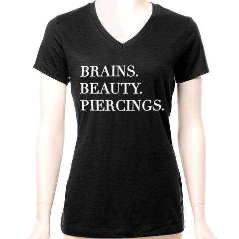 Brains Beauty & Piercings Tapered V-Neck Tee Shirt