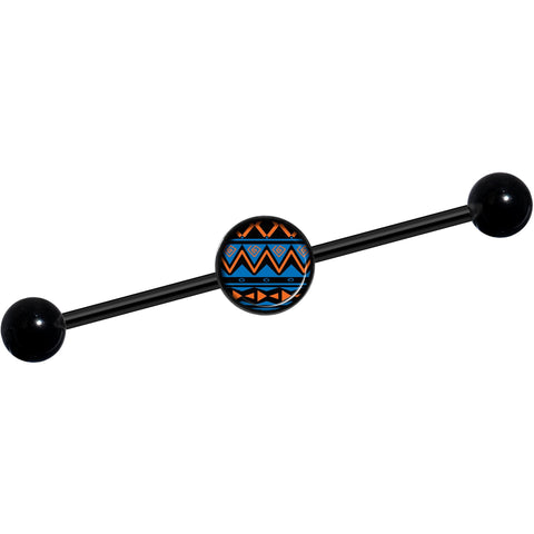 14G Blue Orange Tribal Print Black Industrial Barbell 37mm