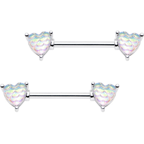5/8 Iridescent White Mermaid Scale Heart Barbell Nipple Ring Set