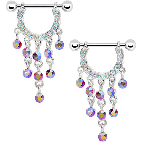 14G 3/4 Aurora Gem Horseshoe Arc Dangle Nipple Shield Set