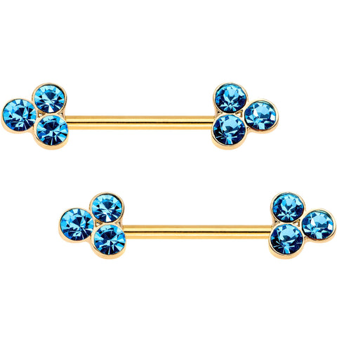 Aqua Gem Gold Tone Anodized Triple Circle Barbell Nipple Ring Set