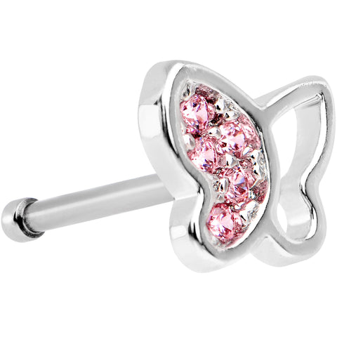 20G 1/4 Pink CZ Gem Half Paved Butterfly Nose Bone