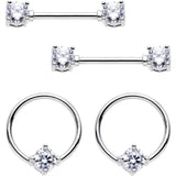 14G 9/16 Clear Gem BCR Captive Ring Barbell Nipple Ring Set