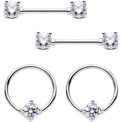 14G 9/16 Clear Gem BCR Captive Ring Barbell Nipple Ring Set