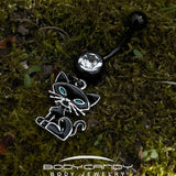 Clear Gem Black Blue Eyed Black Cat Dangle Belly Ring