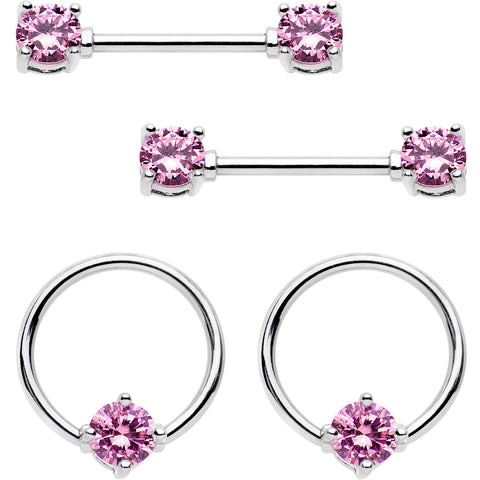 14G 9/16 Pink Gem BCR Captive Ring Barbell Nipple Ring Set