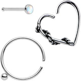 20G White Faux Opal Nose Bone Heart Closure Ring Pack Set of 3