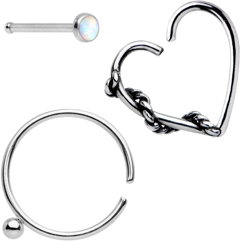 20G White Faux Opal Nose Bone Heart Closure Ring Pack Set of 3