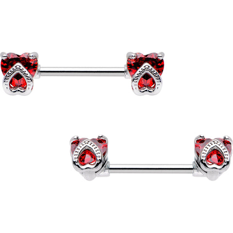 9/16 Red Gem Hearts on Hearts Barbell Nipple Ring Set
