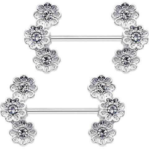 19mm Clear Gem Trio Poppy Flower Barbell Nipple Ring Set