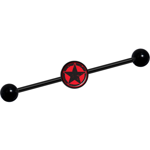 14G Black Red Distressed Star Black Industrial Barbell 37mm