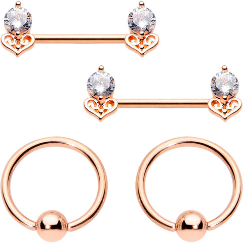 14G Clear CZ Gem Rose Gold Tone BCR Ring Barbell Nipple Ring Set