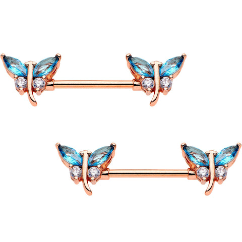 9/16 Aqua Gem Rose Gold PVD Double Dragonfly Barbell Nipple Ring Set