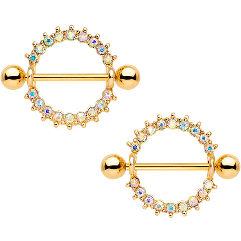 14G 9/16 Aurora Gem Gold PVD Halo Wreath Nipple Shied Set
