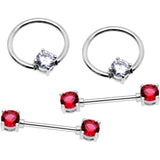 5/8 Fuchsia Gem Captive Ring Straight Barbell Nipple Ring Set