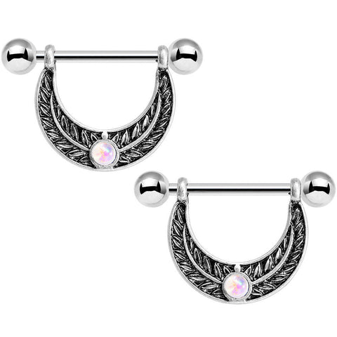 14G 5/8 White Faux Opal Fern Foliage Dangle Nipple Ring Set