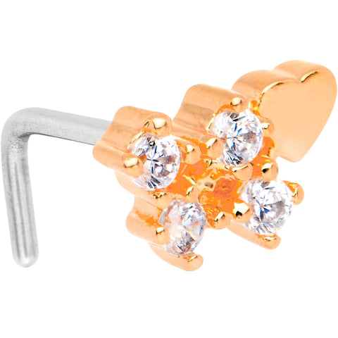 20G Clear CZ Rose Gold Tone Heart Faux Hoop L Shaped Nose Ring