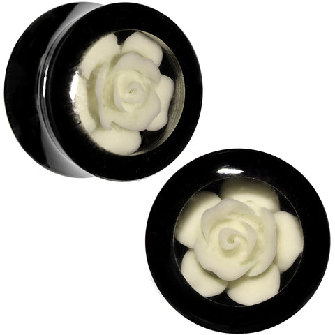 Black Acrylic White Rose Flower Insert Saddle Plug Set Available in Sizes 00G to 26mm