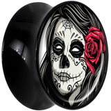 Black Acrylic Katrina Sugar Skull with Rose Flower Saddle Plug Set 18mm