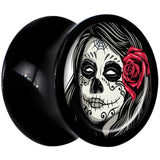 Black Acrylic Katrina Sugar Skull with Rose Flower Saddle Plug Set 0G