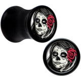 Black Acrylic Katrina Sugar Skull with Rose Flower Saddle Plug Set 2G