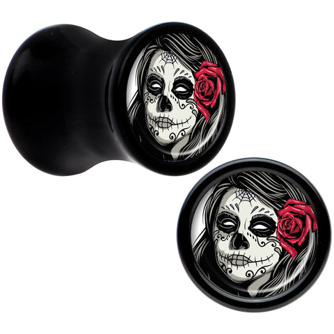 Black Acrylic Katrina Sugar Skull with Rose Flower Saddle Plug Set 2G