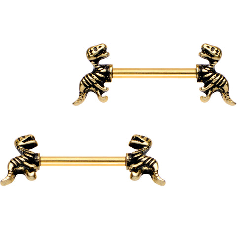 14G 9/16 Gold IP Raptor Bones Dinosaur Barbell Nipple Ring Set