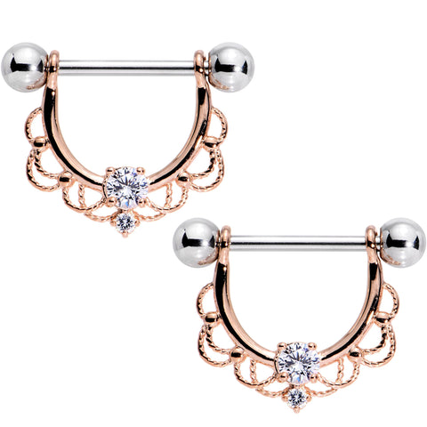 9/16 Clear CZ Gem Rose Gold Flourish Dangle Nipple Barbell Set