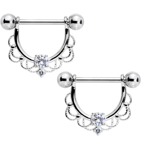 9/16 Clear CZ Gem Flourish Dangle Nipple Barbell Set