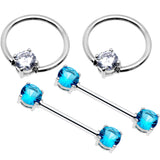 5/8 Blue Clear Gem Captive Ring Straight Barbell Nipple Ring Set