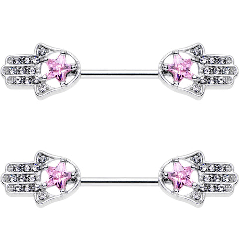 14G 9/16 Pink Gem Star Hamsa Hand Barbell Nipple Ring Set