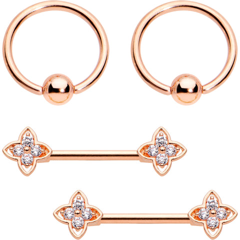 14G Clear CZ Gem Star Rose Gold Tone BCR Barbell Nipple Ring Set