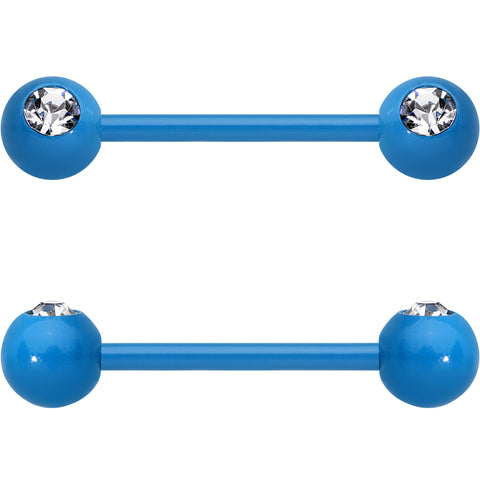 14G 5/8 Clear Gem Blue Acrylic Over Steel Nipple Barbell Set