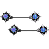 14G 5/8 Blue Synthetic Opal Tribal Sun Barbell Nipple Ring Set