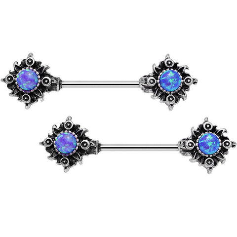 14G 5/8 Blue Synthetic Opal Tribal Sun Barbell Nipple Ring Set