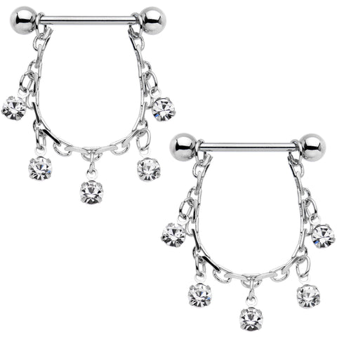14G 5/8 Clear Gem Chain Drop Dangle Nipple Ring Set
