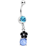 Aqua Gem Blue White Cracked Orb Black Garden Flower Dangle Belly Ring