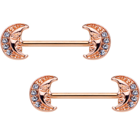 5/8 Clear Gem Rose Gold Tone Anodized Moon Barbell Nipple Ring Set