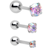 18G 5/16 Aurora CZ Gem Tragus Cartilage Earring 3 Pack Set