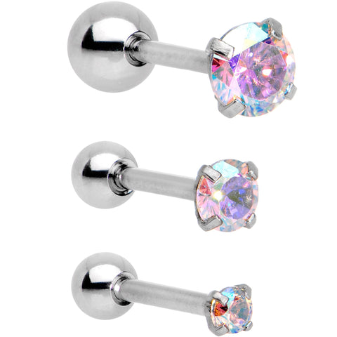 18G 5/16 Aurora CZ Gem Tragus Cartilage Earring 3 Pack Set