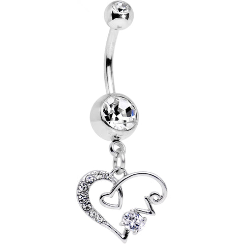 Clear CZ Gem Love Scrawled Double Heart Dangle Belly Ring