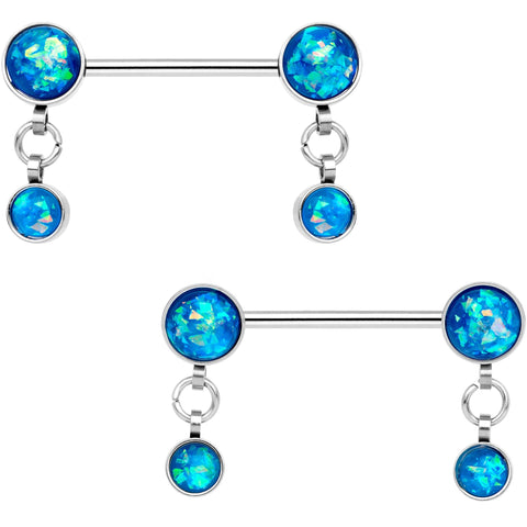 Blue Faux Opal Inlay Dangle Barbell Nipple Ring Set